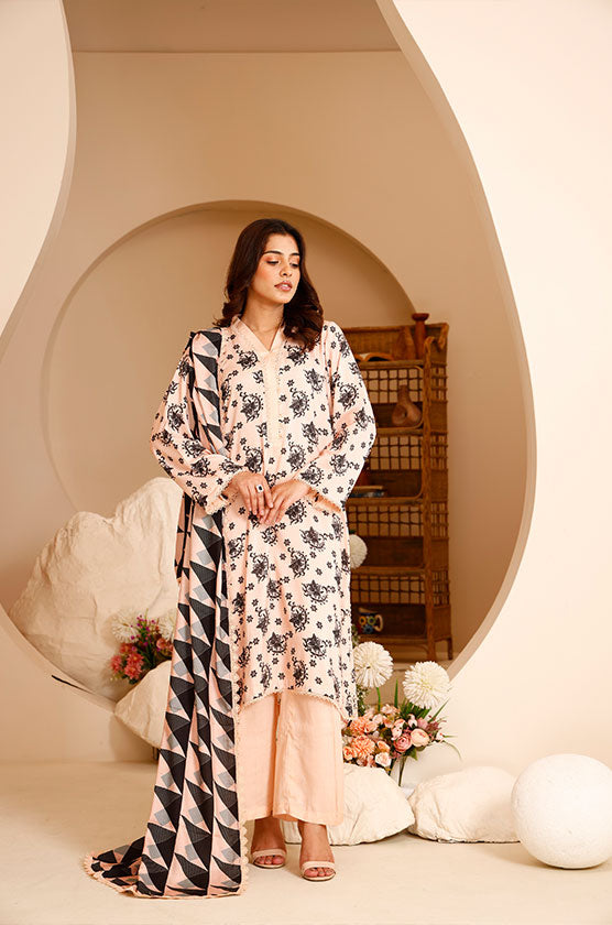 3 Piece Linen Printed Suit